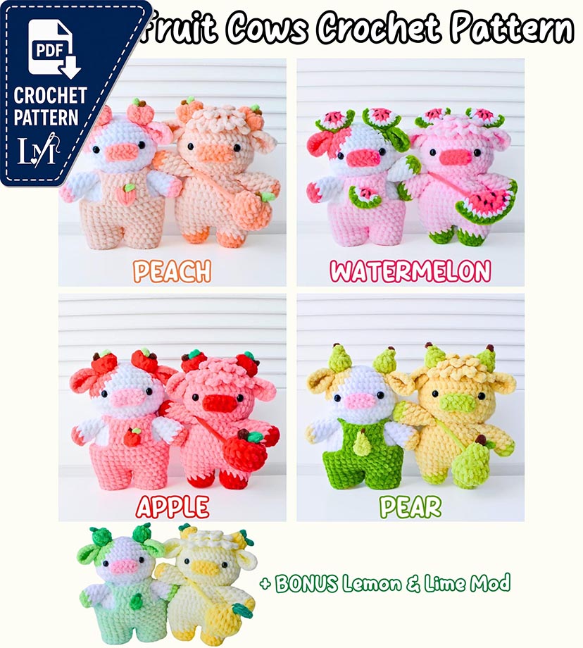 10-in-1 Fruit Cows Crochet Pattern Bundle (Amigurumi Highland Cow Overall Dungaree Cow Peach Watermelon Apple Pear Lemon Lime)